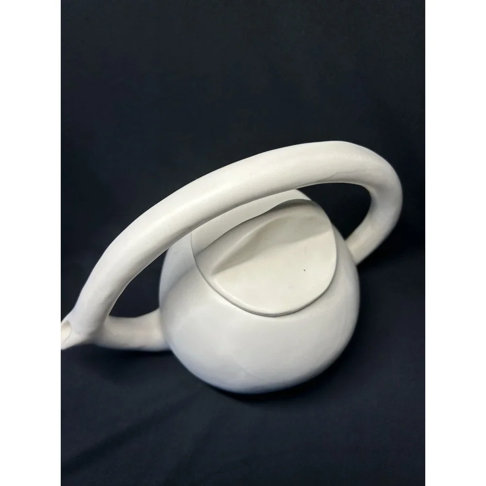 Modern Handcrafted Teapot With Arch Handle Sleek Matte White Finish Signed CG1